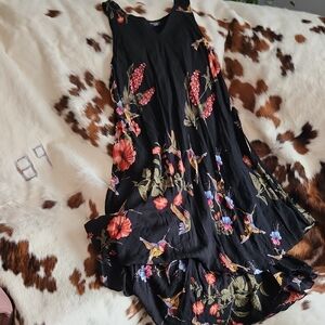 Black Floral V-Neck Sleeveless Women's 3/4 Length Dress Sz One Size
